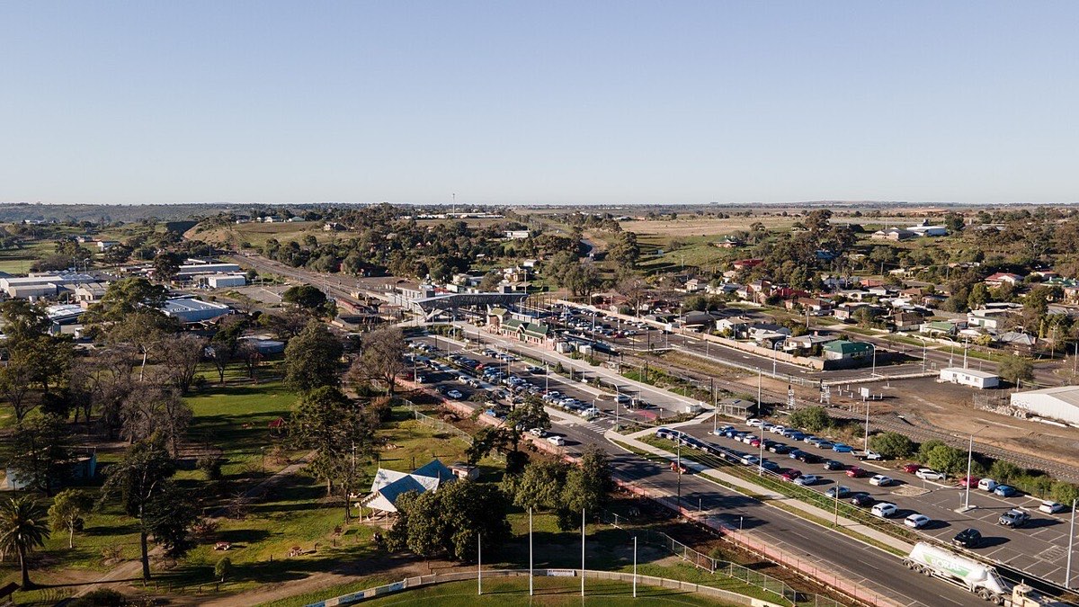 Aerial view over Bacchus Marsh railway station in Maddingley